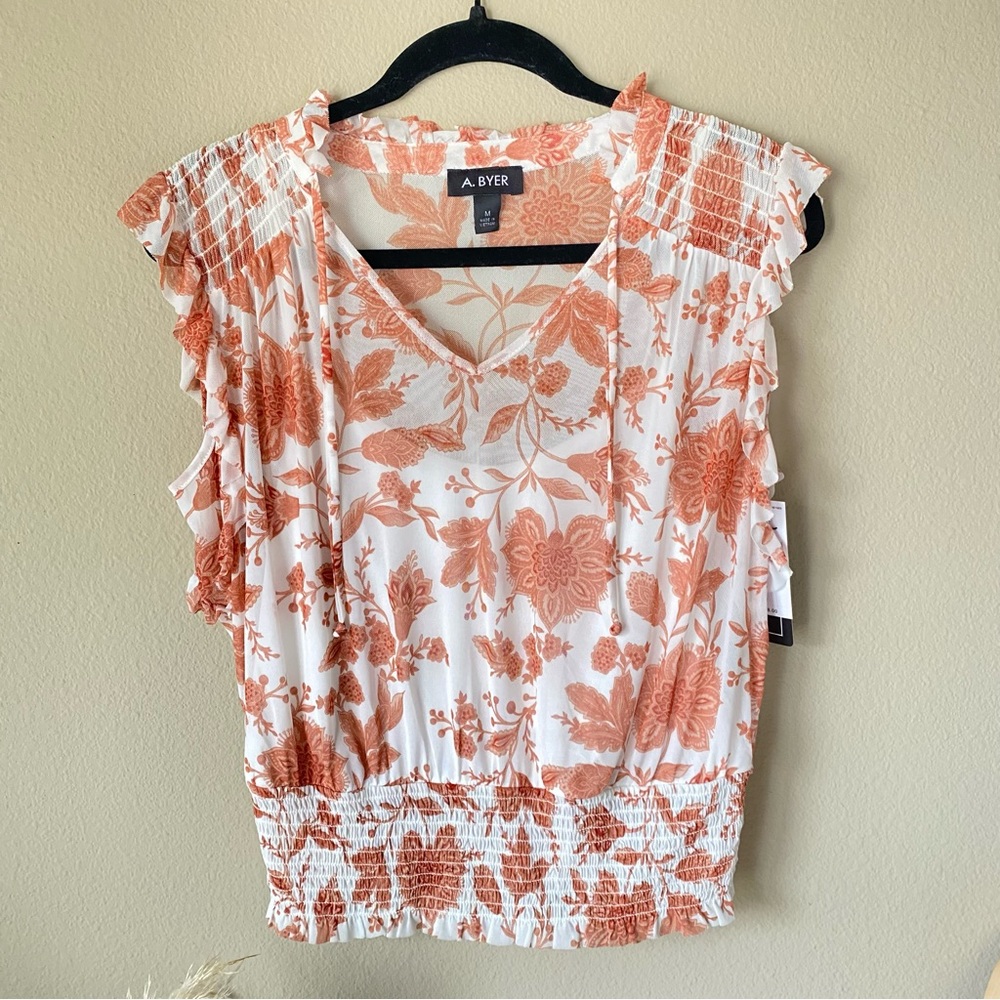 NWT A.Byer Sleeveless Smocked Waist Peasant Top Ivory Rust Sheer Floral Blouse
